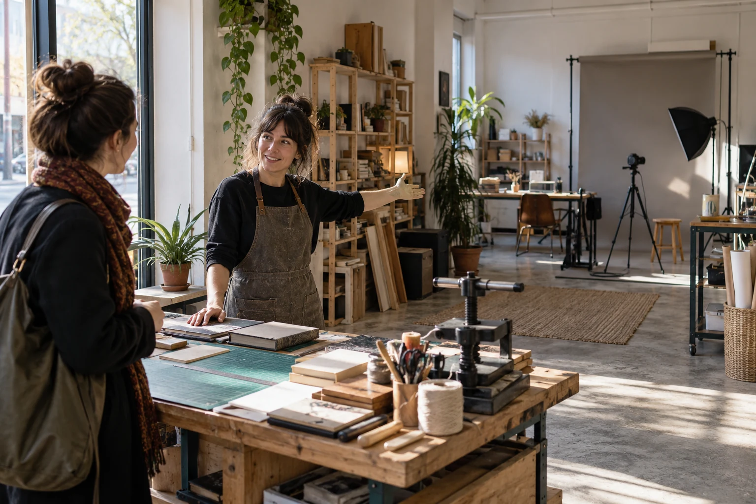 Dos personas conversan en un taller compartido con mesas de trabajo y equipo fotográfico al fondo.