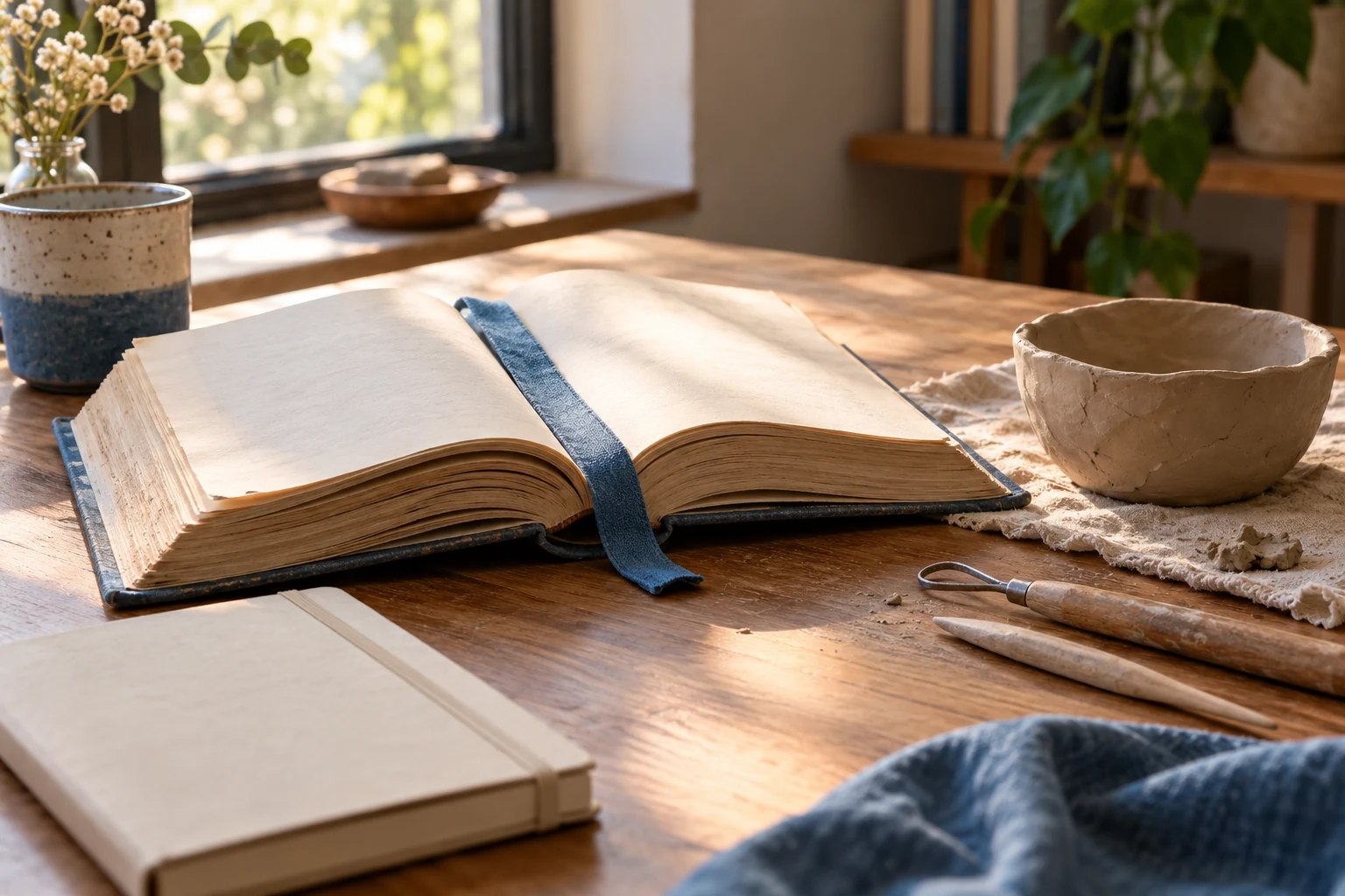 Un libro abierto con páginas sin texto y un marcador azul junto a un cuenco de barro y herramientas.