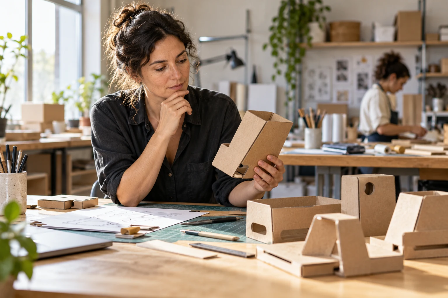 Una mujer observa una maqueta de cartón en una mesa de trabajo con otras piezas.