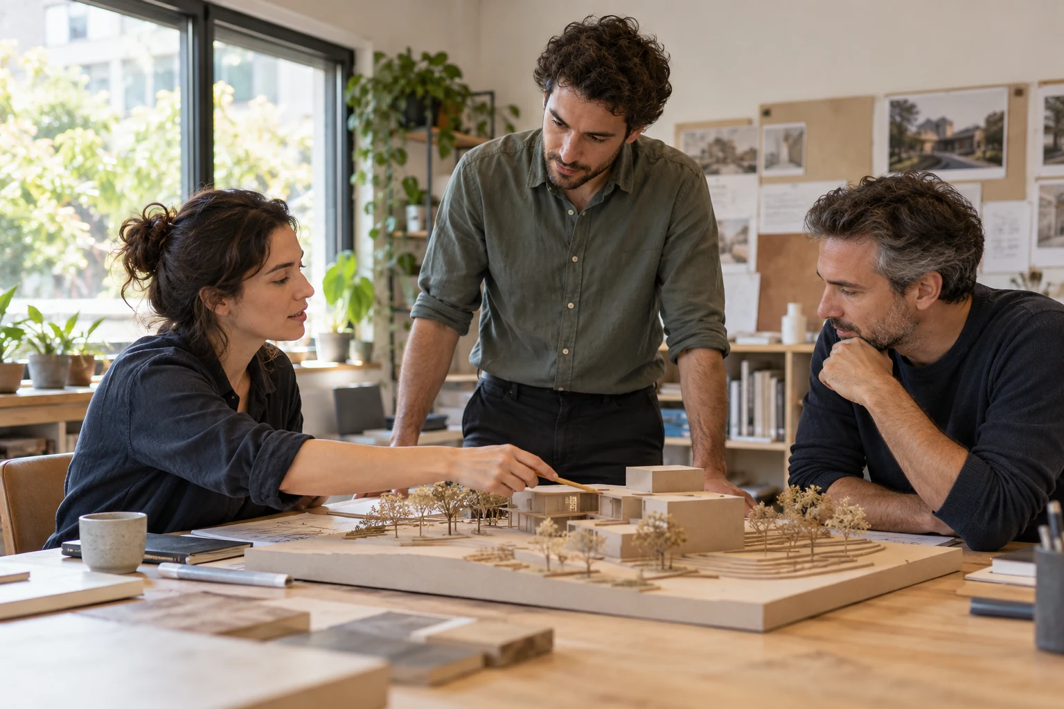 Tres personas observan una maqueta arquitectónica mientras una señala una parte del conjunto.