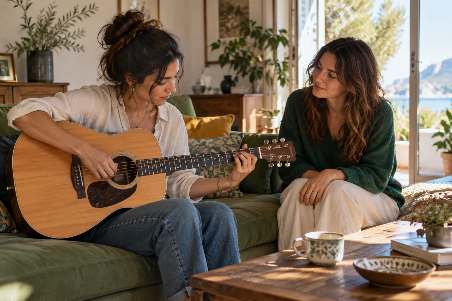 Una mujer toca la guitarra sentada en un sofá mientras otra está a su lado.