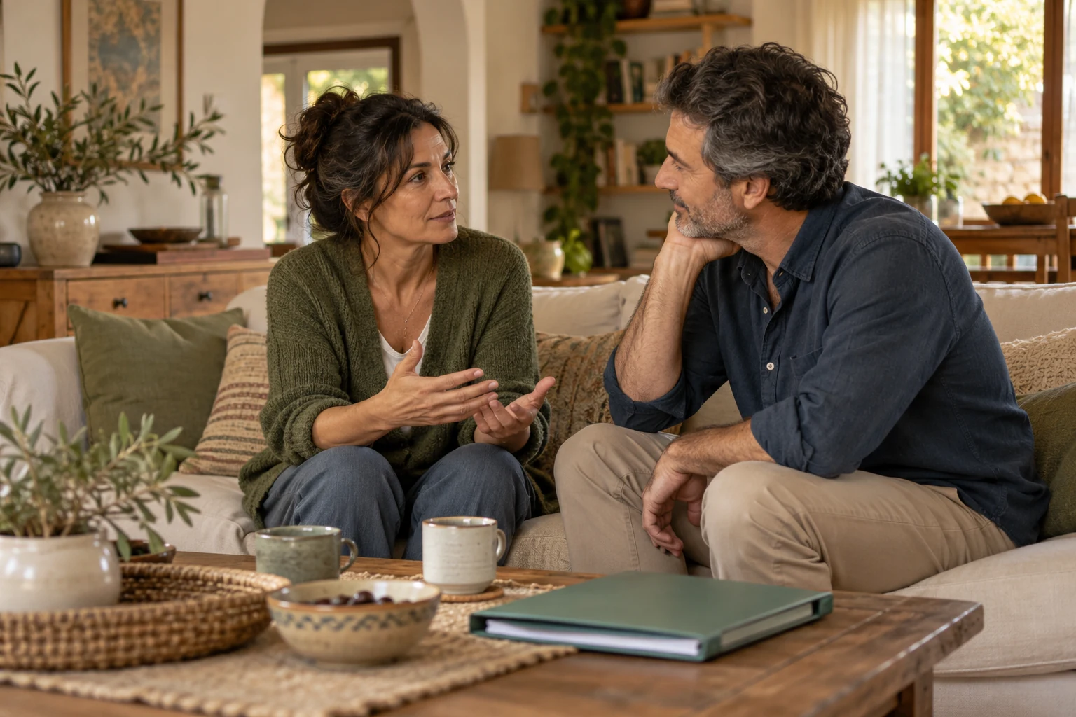 Dos adultos conversan en un sofá junto a una carpeta cerrada y dos tazas.