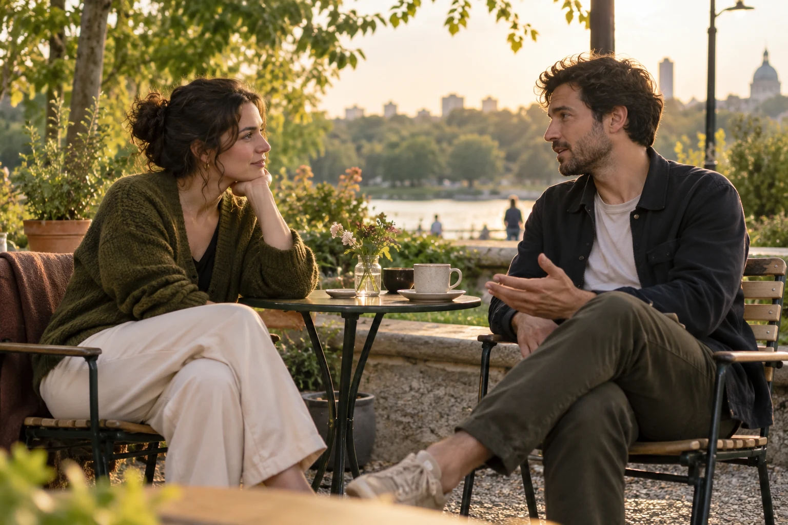 Dos adultos conversan sentados en una terraza junto a un parque.
