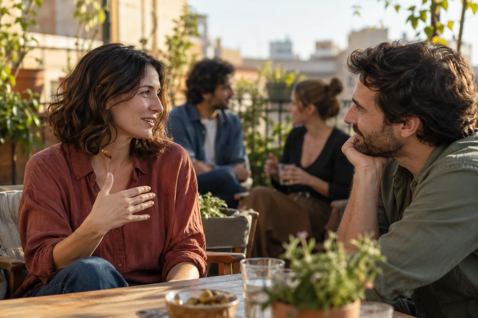 Dos personas conversan en una terraza, con otras dos al fondo.