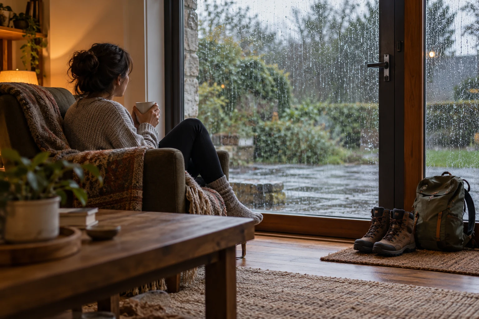 Una persona con una taza mira la lluvia desde un sillón, con botas y mochila junto a la puerta.