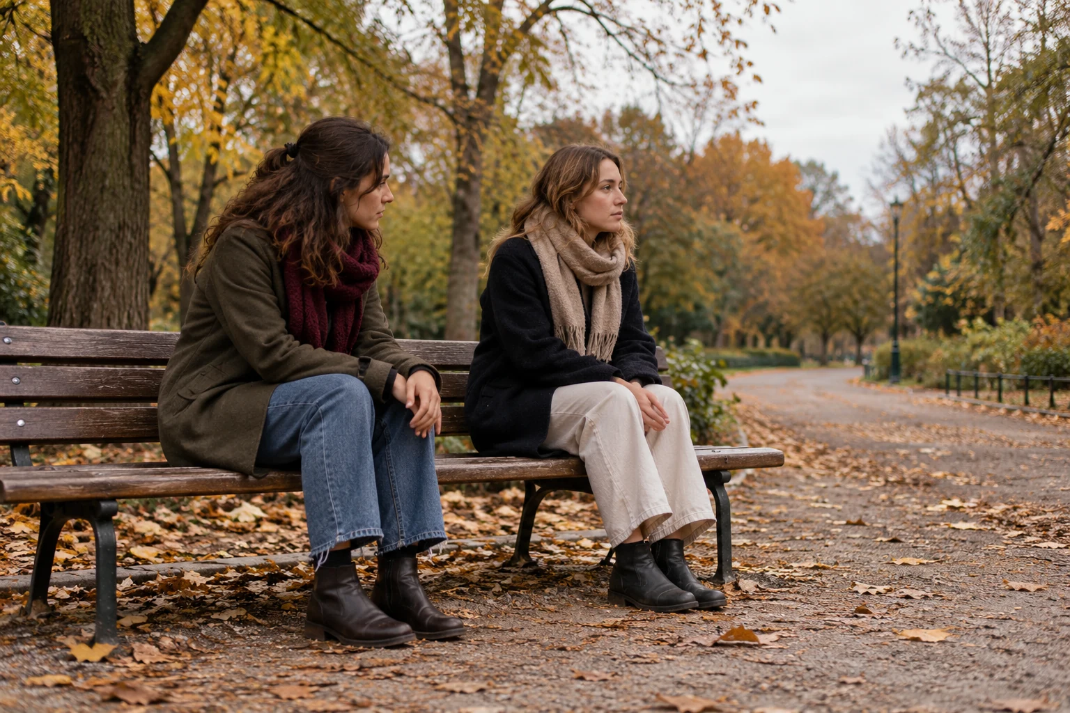 Dos mujeres sentadas en un banco de un parque otoñal, una mira hacia la otra.