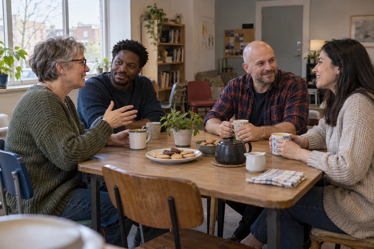 Cuatro adultos conversan alrededor de una mesa con tazas en una sala común.