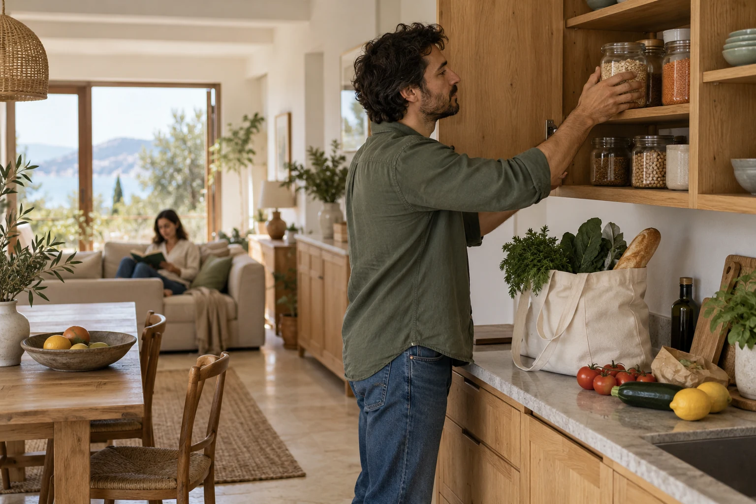 Una persona coloca un tarro en un armario de cocina, con la compra en la encimera y otra persona al fondo.