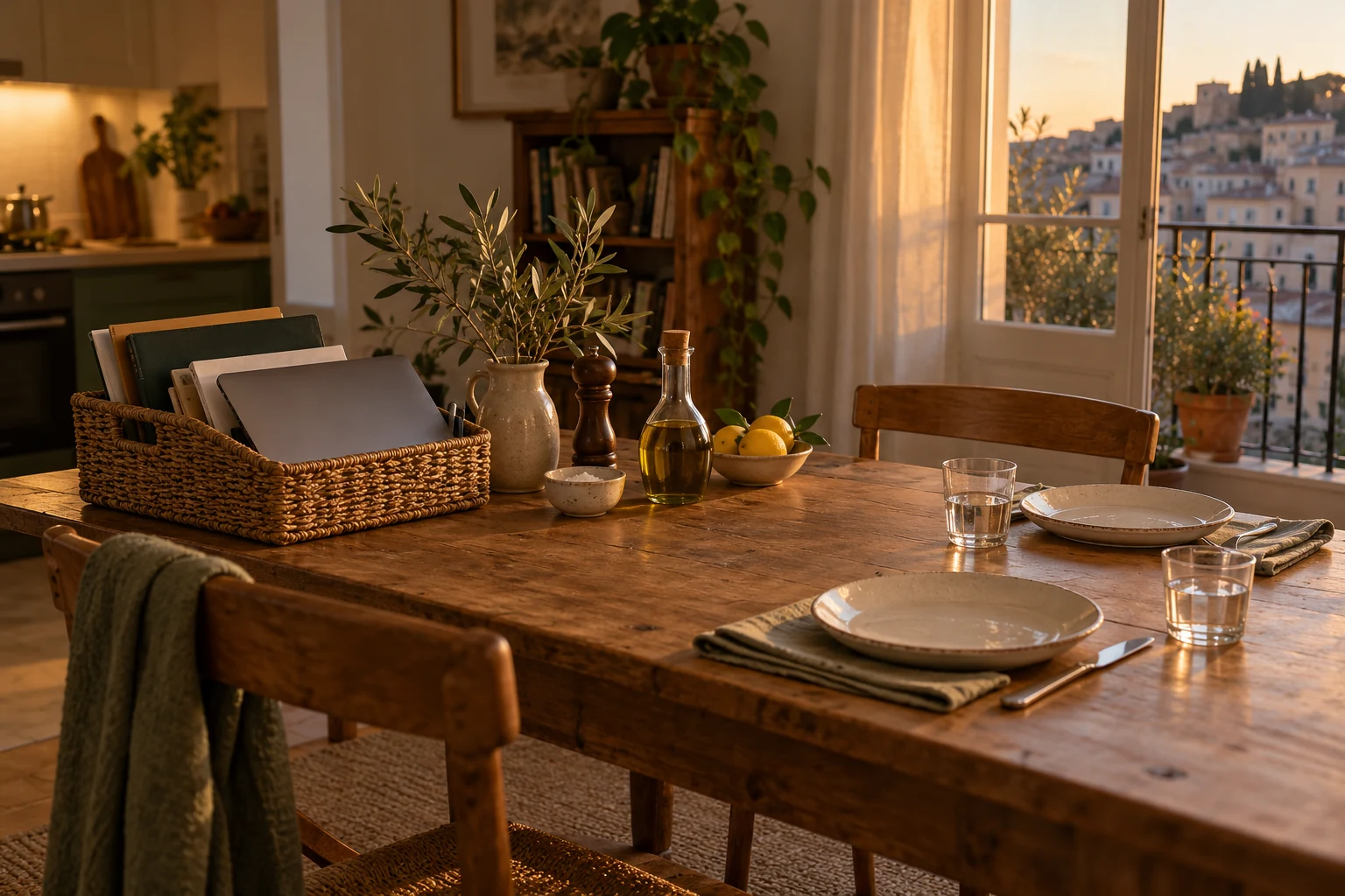 Una mesa doméstica tiene el portátil recogido en una cesta y dos platos preparados.