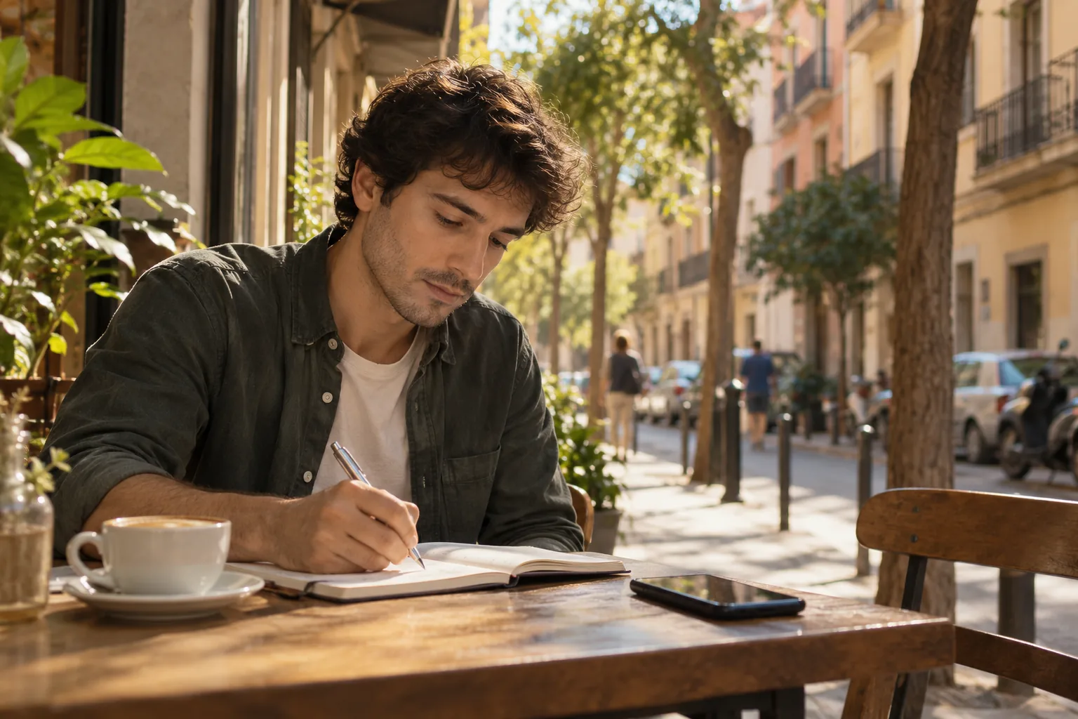 Un hombre toma notas en una mesa de cafetería, con el teléfono apartado y una calle al fondo.