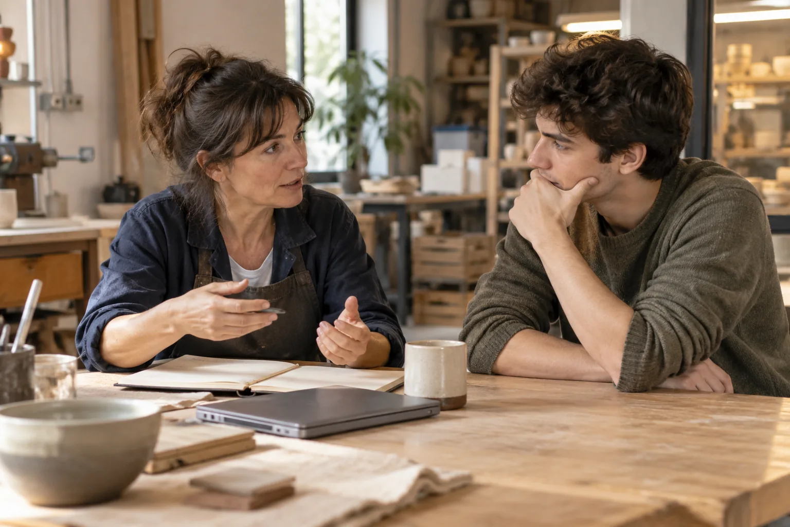 Una mujer y un joven conversan junto a un cuaderno abierto en una mesa de taller.