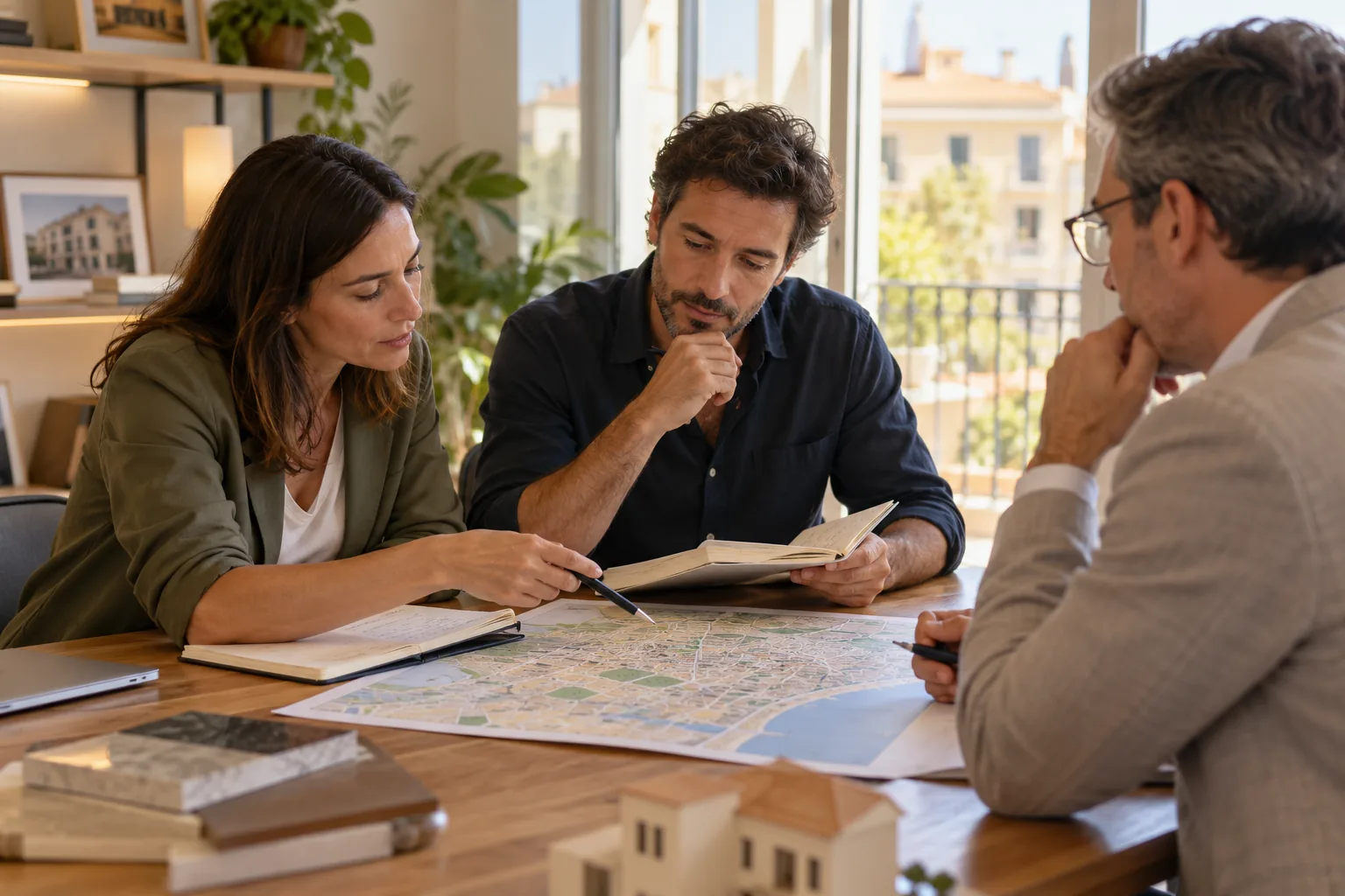Tres personas revisan cuadernos y un plano sobre una mesa de oficina.