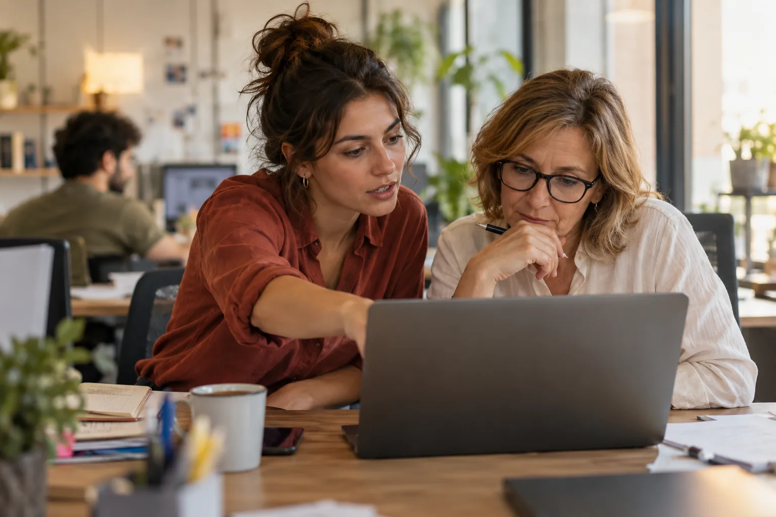 Dos mujeres revisan juntas un portátil en una mesa de oficina.
