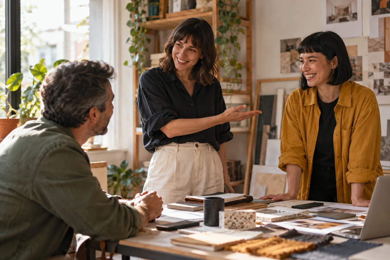 Tres personas conversan en un estudio ante una mesa con muestras de materiales.