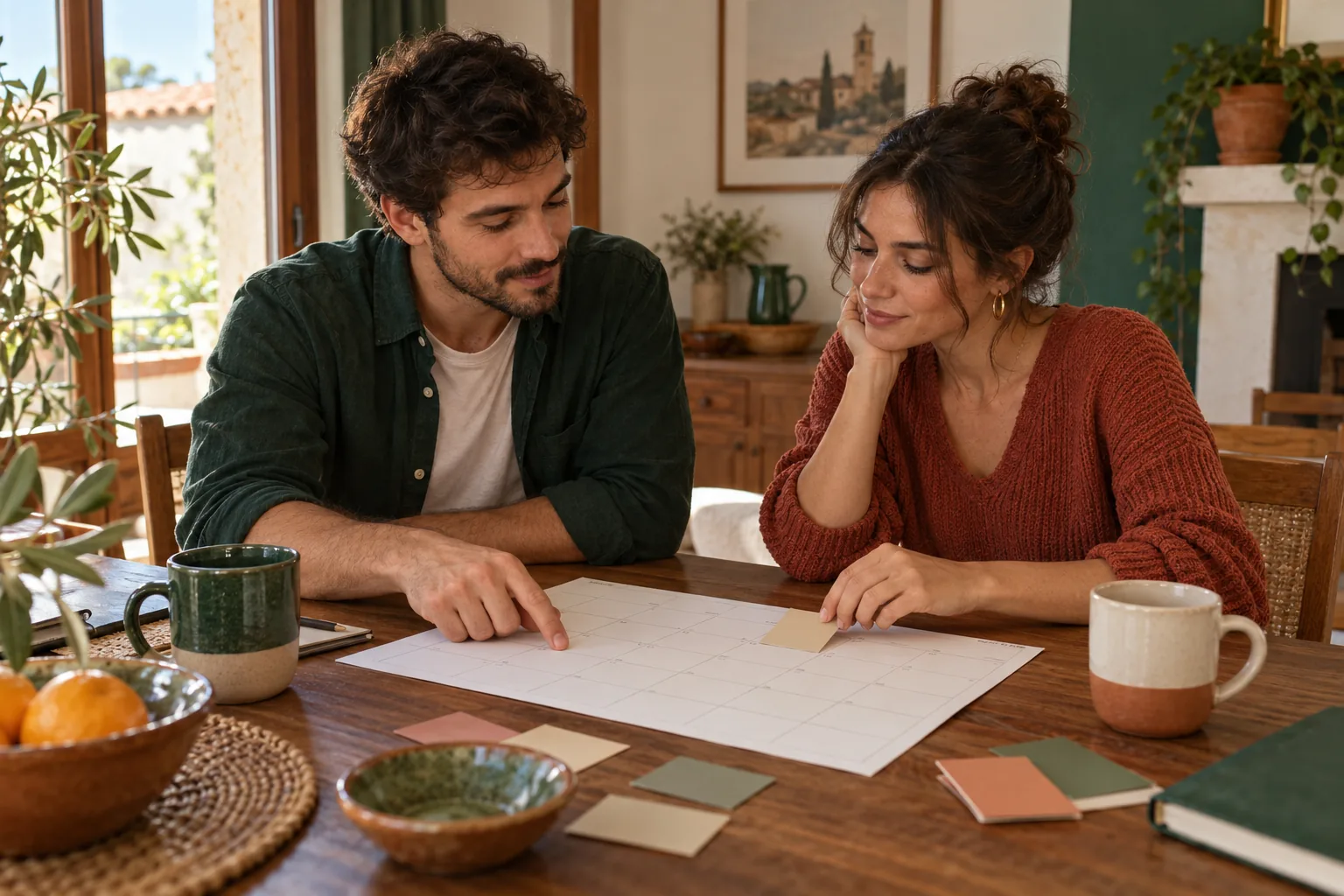 Dos personas miran un calendario y varias tarjetas sobre una mesa.