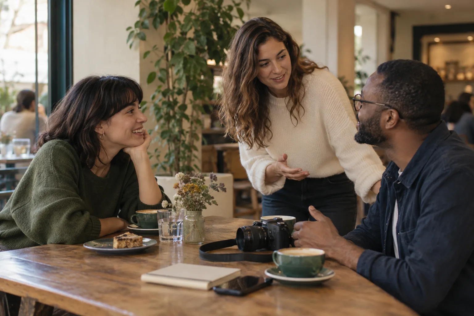 Tres personas conversan en una cafetería con una cámara sobre la mesa.