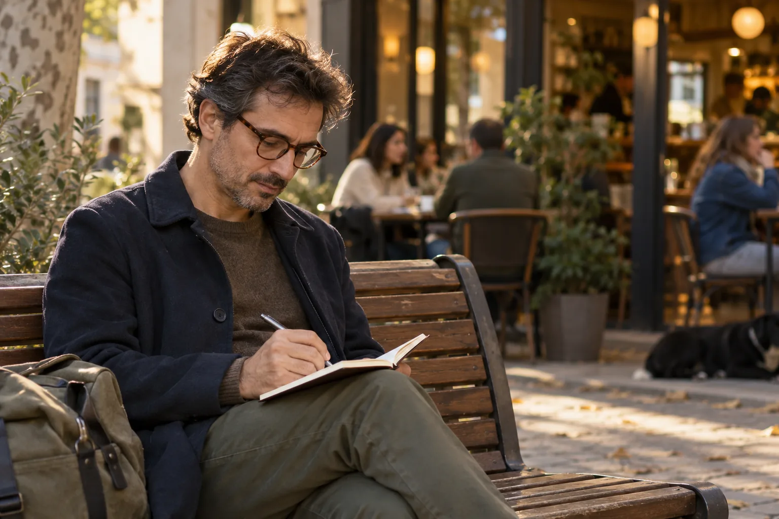 Una persona con gafas escribe en un cuaderno sentada en un banco junto a una cafetería.