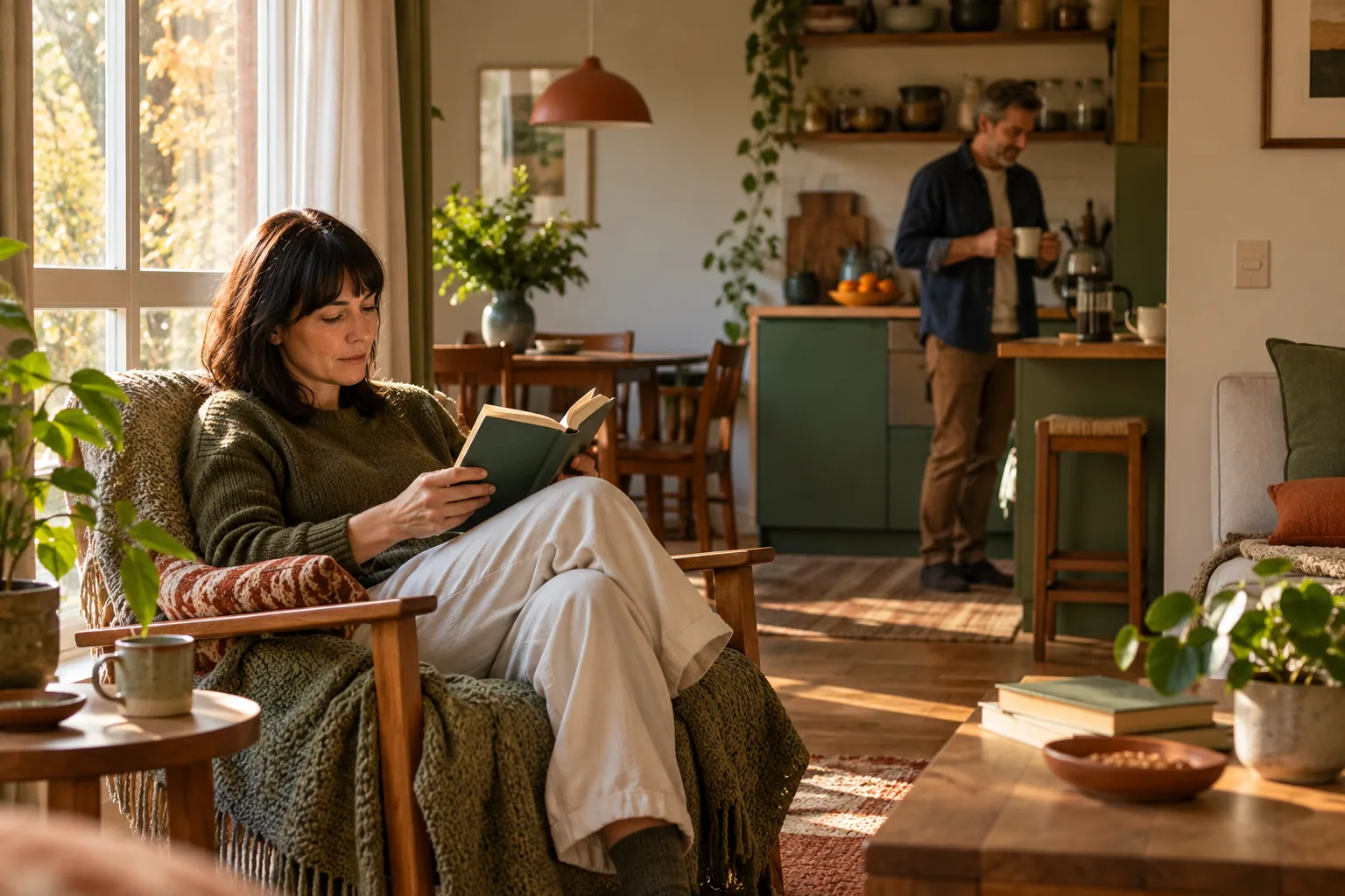 Una persona lee en un sillón mientras otra sostiene una taza en la cocina del fondo.