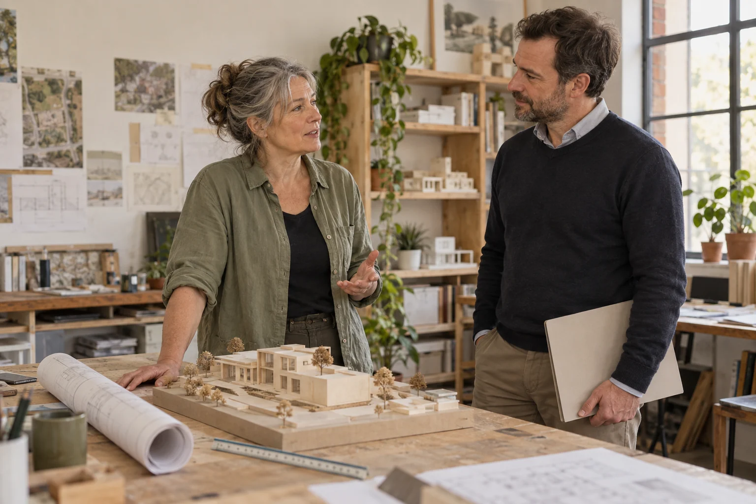 Una mujer conversa con un compañero junto a una maqueta arquitectónica y planos en una mesa de trabajo.