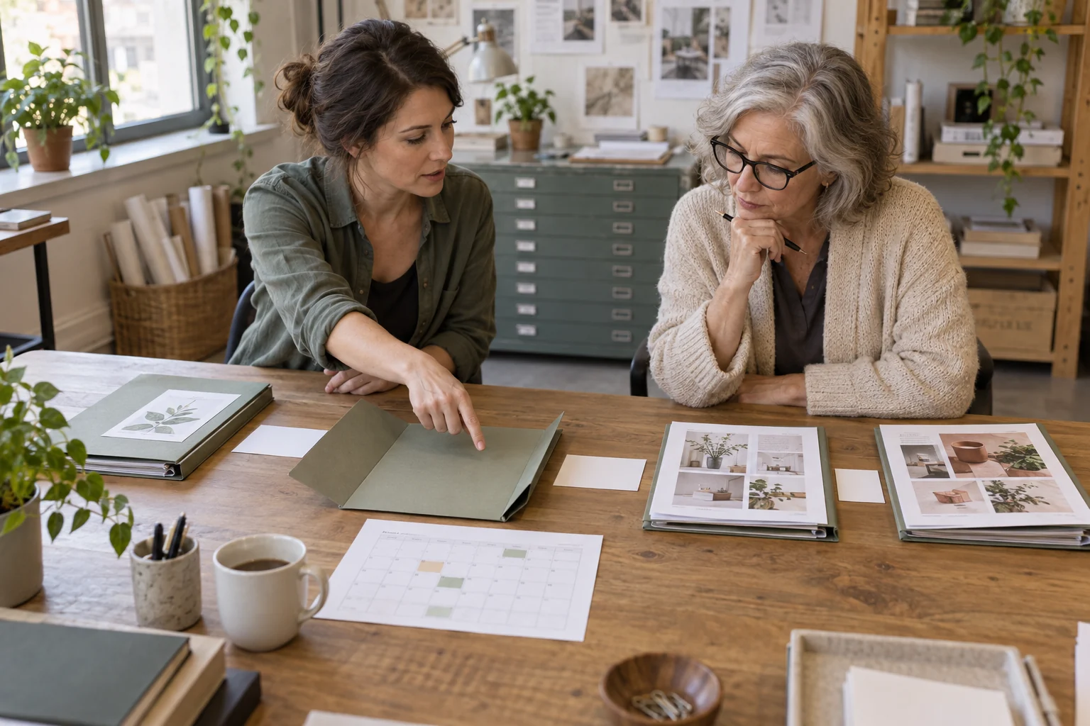 Una mujer señala una carpeta vacía mientras otra revisa varias propuestas y un calendario sobre la mesa.