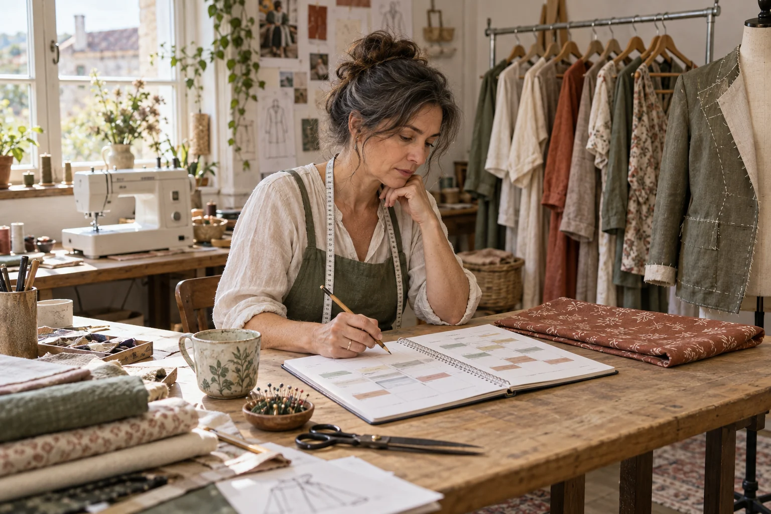 Una modista revisa su agenda junto a una tela nueva, con prendas pendientes y una chaqueta en proceso a su alrededor.
