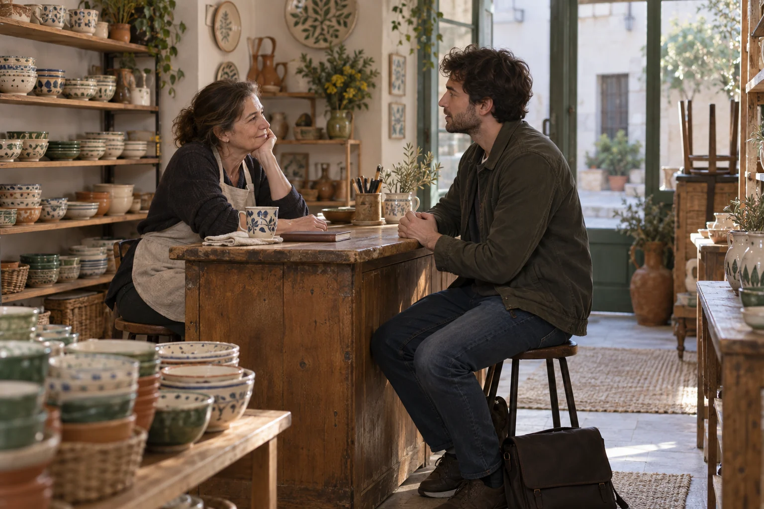 Un joven conversa con una mujer mayor tras el mostrador de una tienda de cerámica, con su bolso junto al taburete.