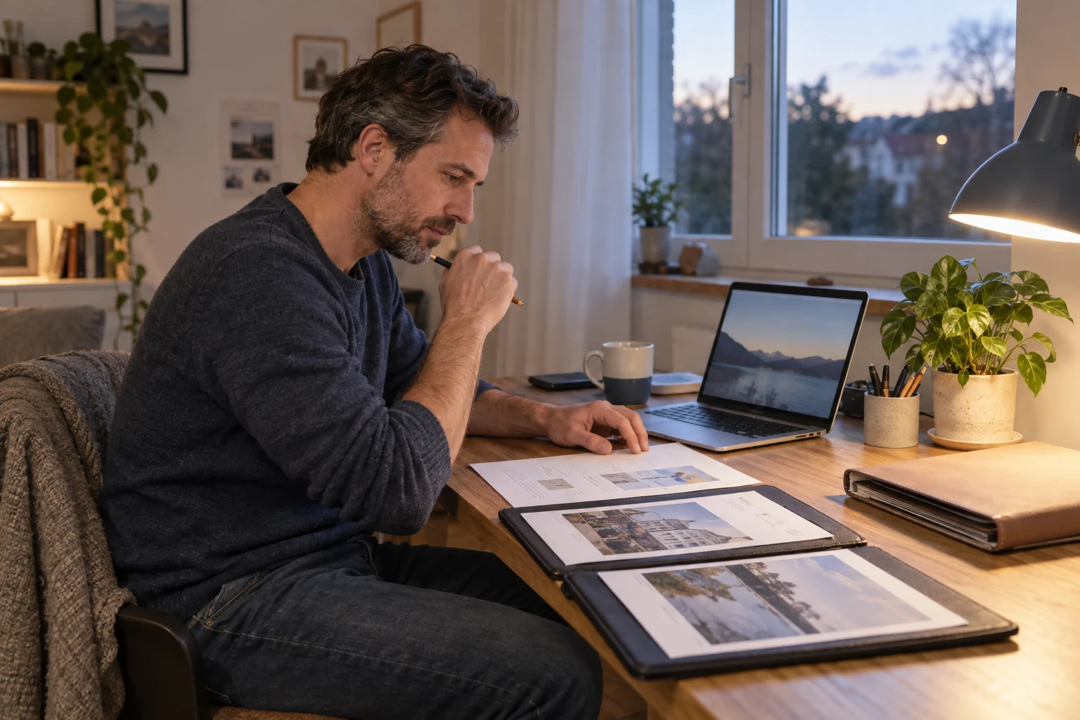 Un hombre revisa ejemplos de sus proyectos y una hoja de preparación en el escritorio de casa al anochecer.