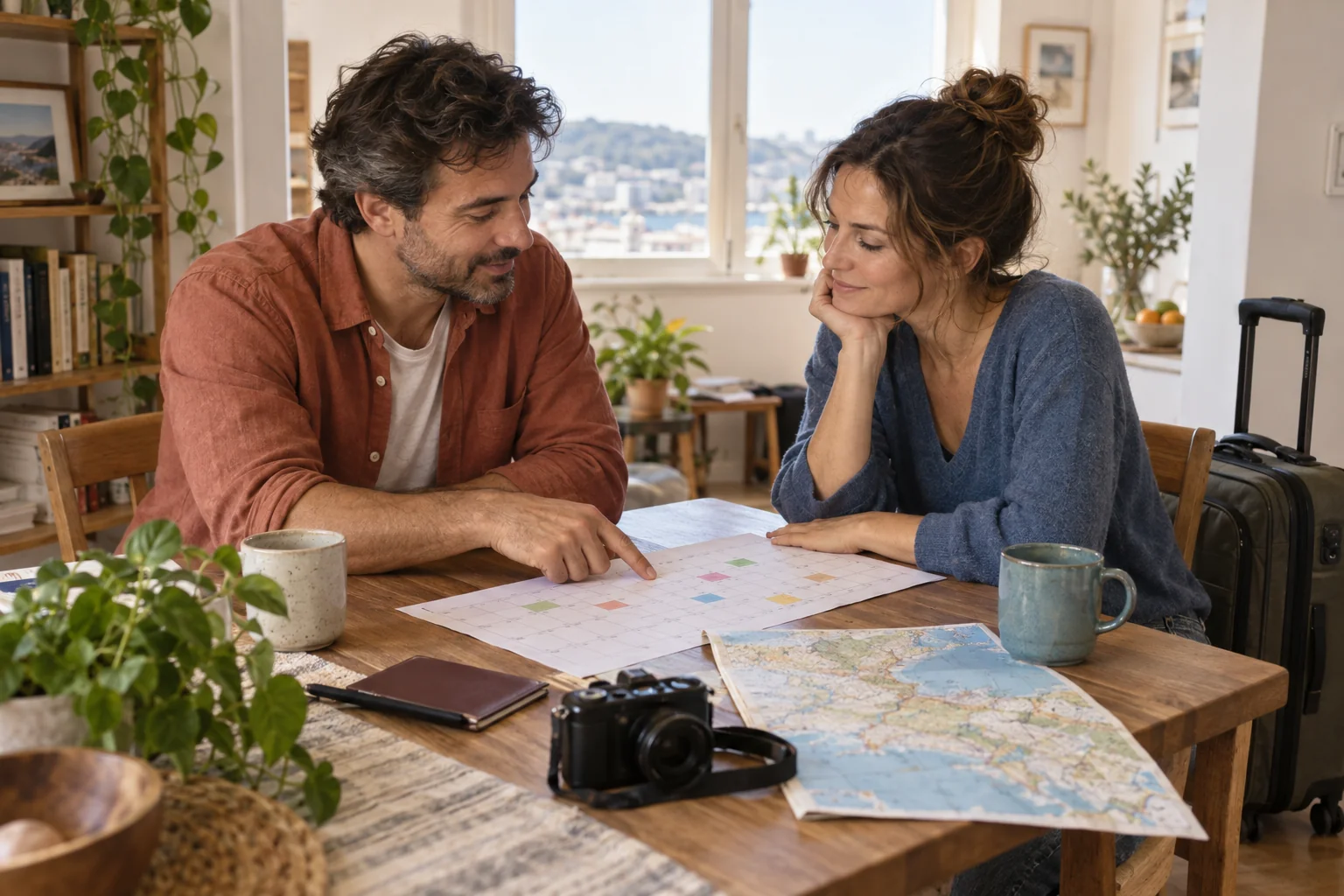 Dos personas conversan junto a un calendario sobre la mesa y una pequeña maleta preparada para viajar.