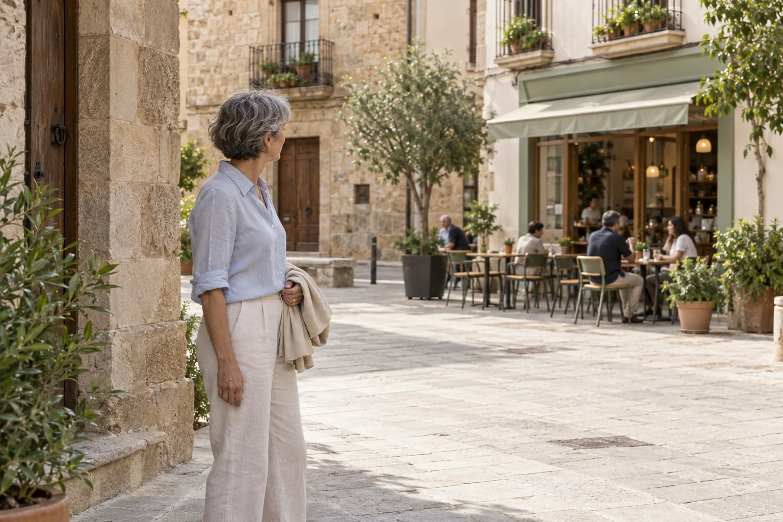 Una mujer se detiene en una plaza de barrio y observa la terraza de una cafetería.