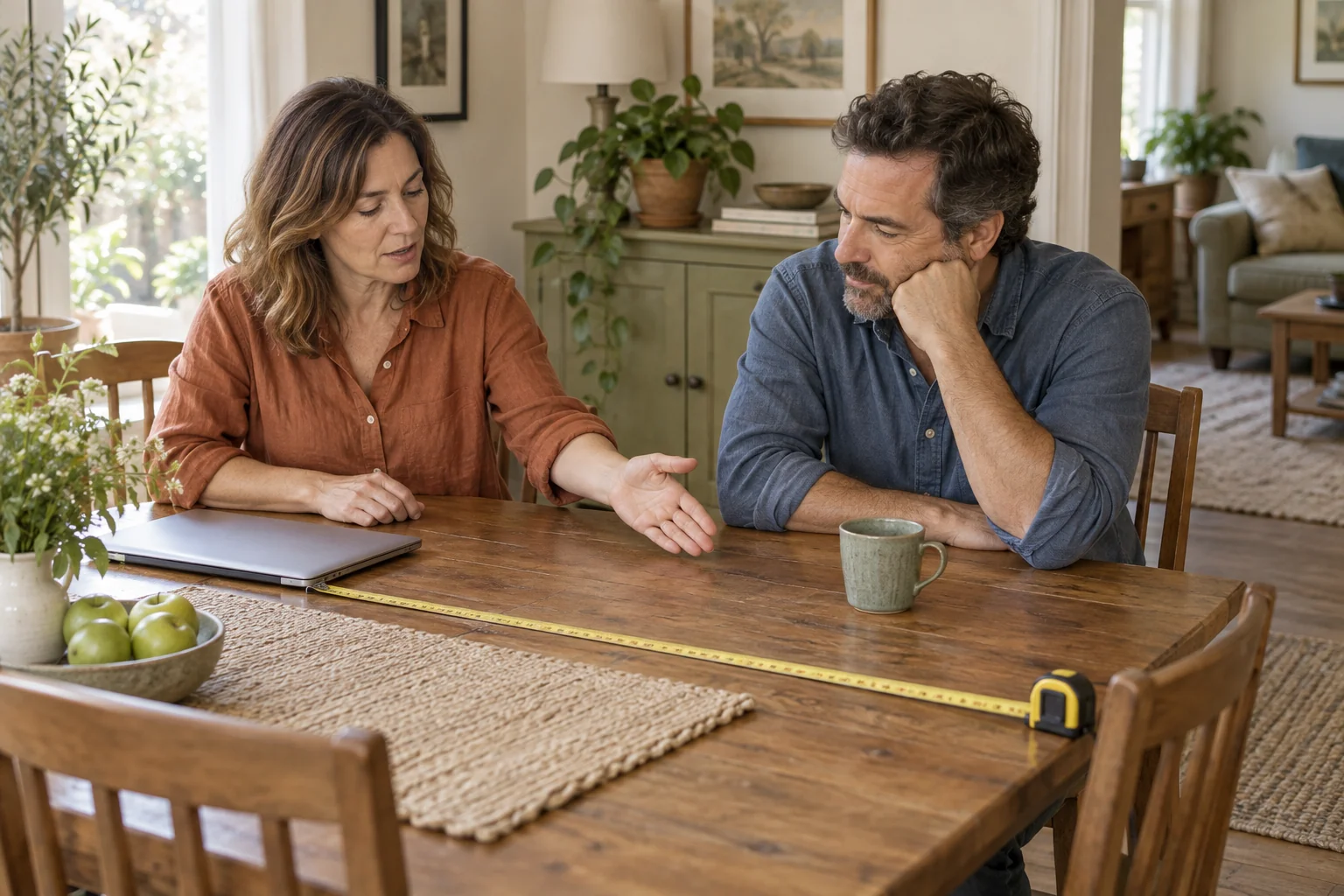 Dos personas conversan sobre una mesa de casa, junto a un portátil cerrado y una cinta métrica.