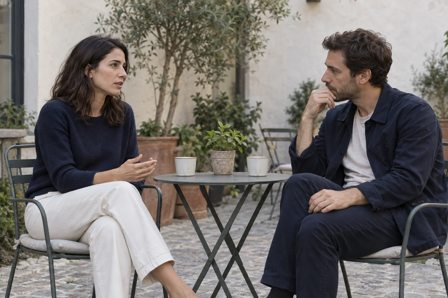 Dos personas mantienen una conversación seria en una mesa de una terraza, sentadas frente a frente.