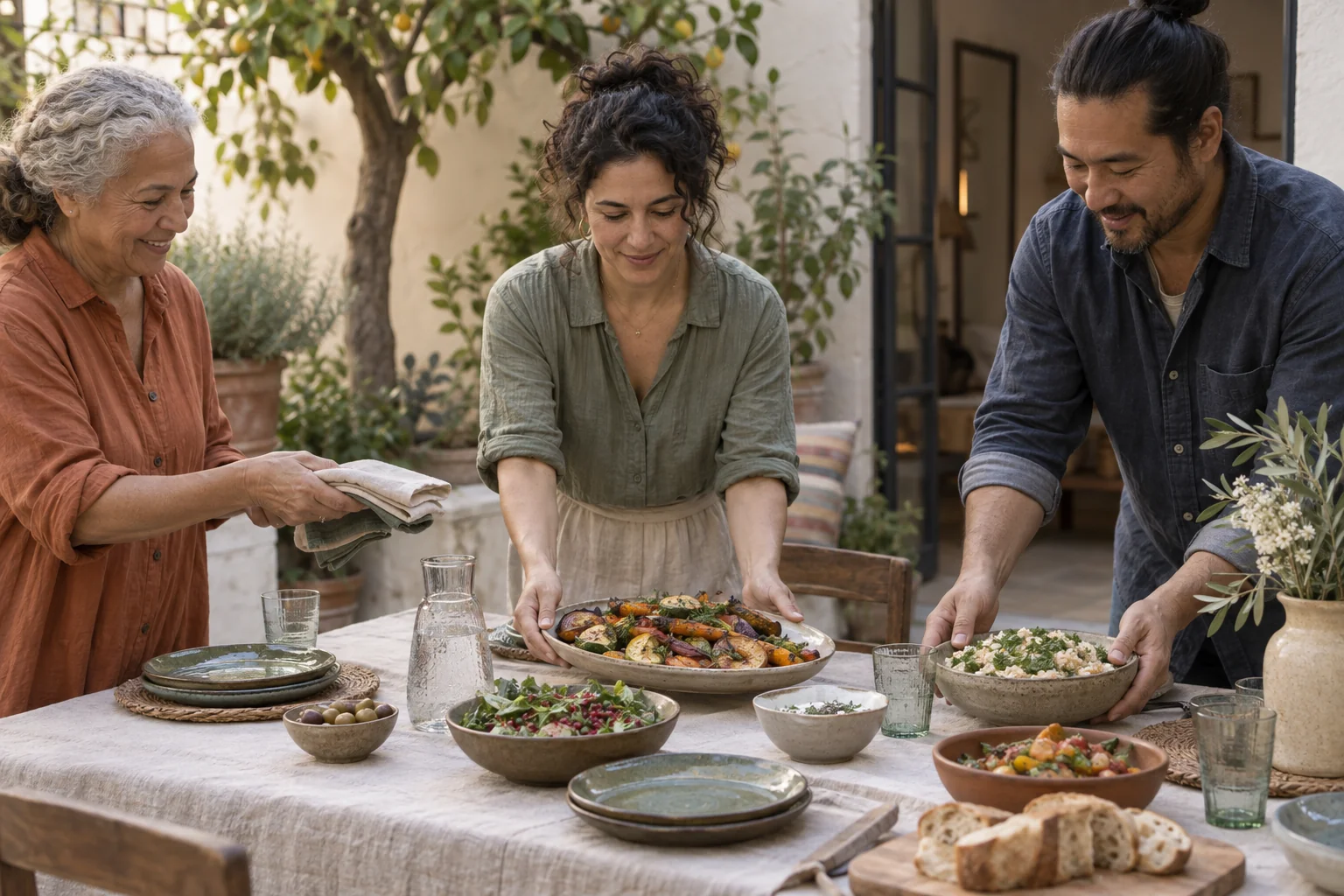 Tres personas preparan una mesa compartida con fuentes de comida y servilletas de tela.