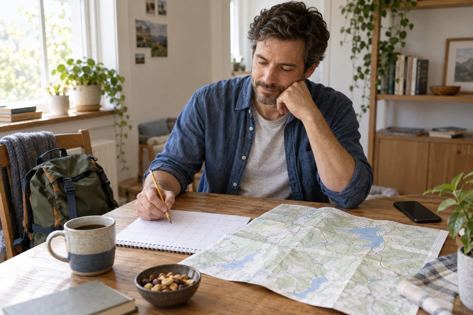 Un hombre revisa un calendario y un mapa sobre la mesa, con el teléfono apartado y una mochila cerca.