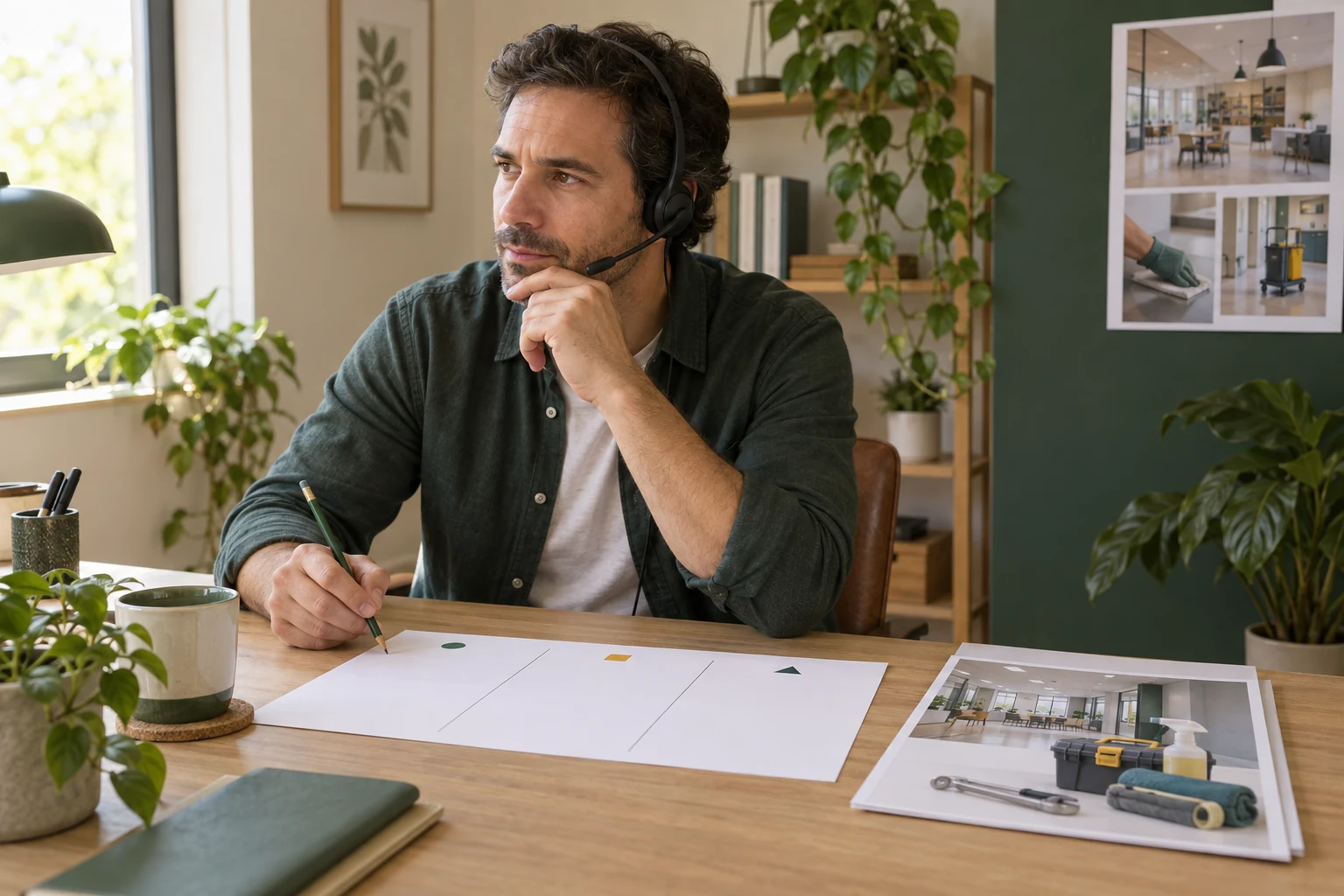 Un hombre con auriculares escucha junto a una hoja dividida en tres columnas y fotografías de un servicio de mantenimiento.