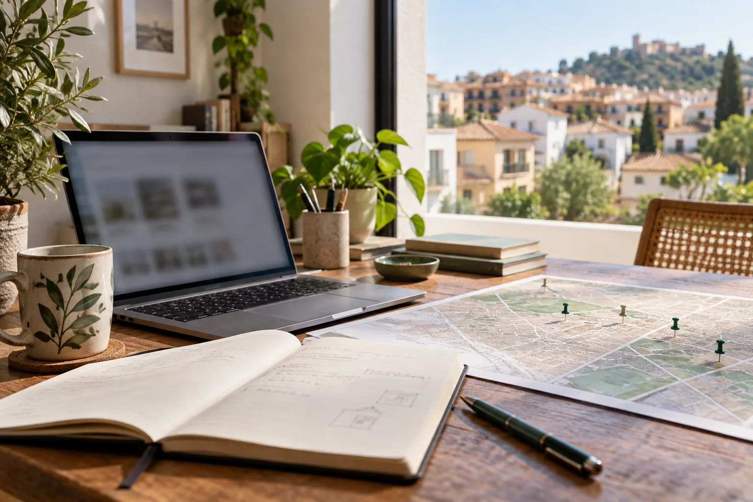 Mesa de trabajo con un mapa de barrio, un cuaderno y herramientas para preparar conversaciones con propietarios.