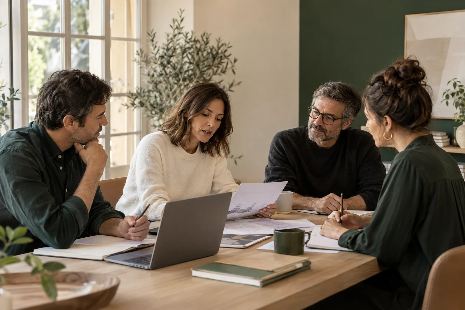 Escena conceptual: cuatro profesionales comparten un plan de trabajo y contrastan sus ideas alrededor de una mesa.
