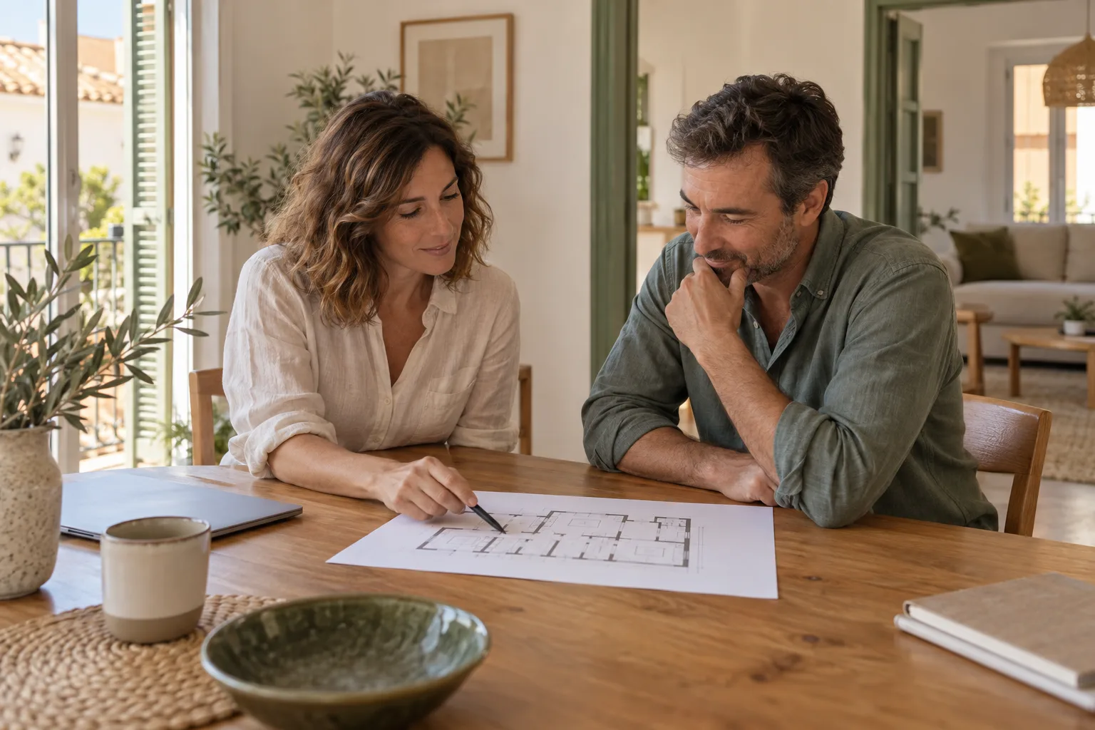 Dos personas conversan sobre el plano de una vivienda en una mesa.