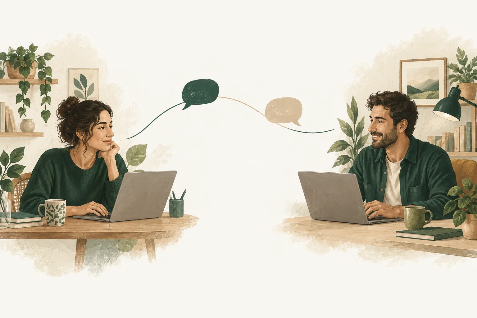 Dos personas conversan desde sus portátiles, conectadas por un puente de diálogo