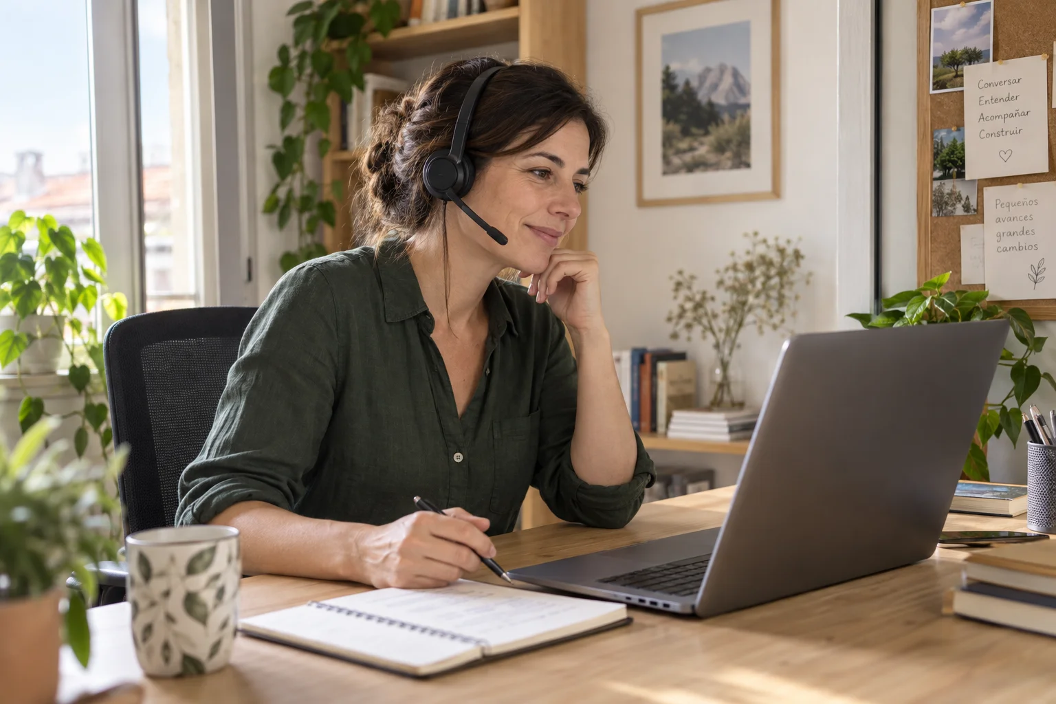 Una profesional escucha durante una conversación de venta online y toma notas